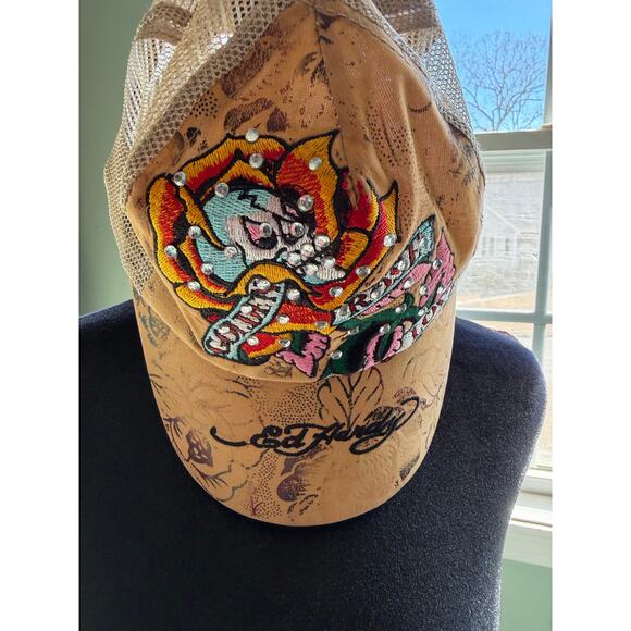Ed Hardy Trucker Hat Mesh Snapback Embroidered Skull Rose Rhinestone Y2K Bling